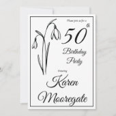 50th Birthday Snowdrop Floral Black And White 招待状 (正面)