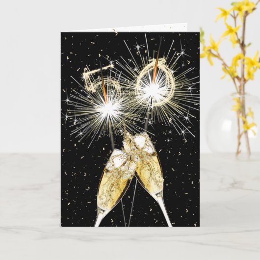 50th Birthday Sparklers and Champagne Toast カード (黄色い花)