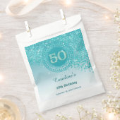 50th Birthday | Sparkling Teal Blue Gold Glitter フェイバーバッグ (クリップ留めされた状態)