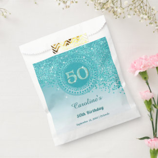 50th Birthday | Sparkling Teal Blue Gold Glitter フェイバーバッグ