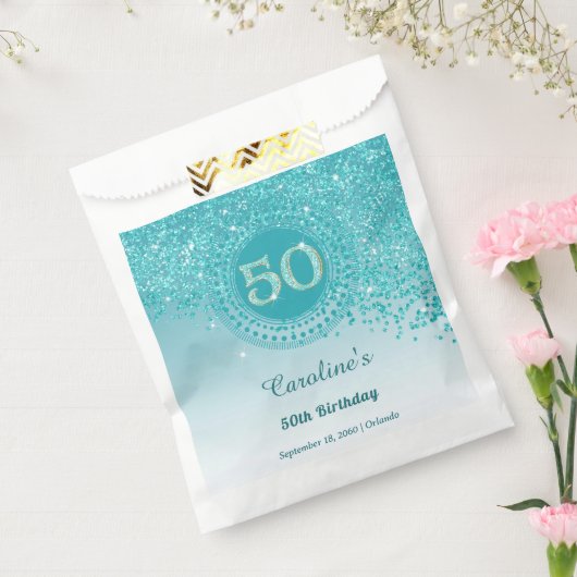 50th Birthday | Sparkling Teal Blue Gold Glitter フェイバーバッグ (封をした状態)