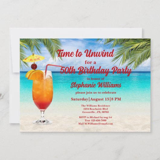 50th Birthday Summer Cocktail Beach Party 招待状 (正面)