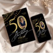 50th Birthday with Photo Elegant Black & Gold 招待状