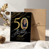 50th Birthday with Photo Elegant Black & Gold 招待状