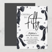 50th Black White Bow Birthday Party 招待状 (正面/裏面)