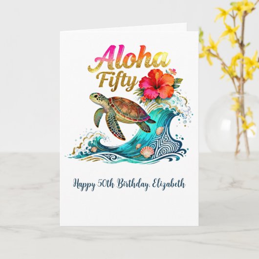 50th Fifty Birthday Tropical Ocean Beach Theme カード (黄色い花)