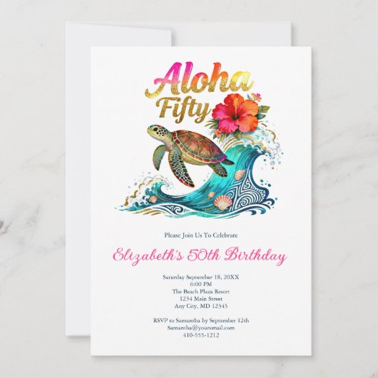 50th Fifty Birthday Tropical Ocean Beach Theme 招待状 (正面)