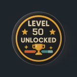 50th gamer funny level unlocked pun 缶バッジ<br><div class="desc">Change the number to any age you want,  makes a great birthday pin badge</div>