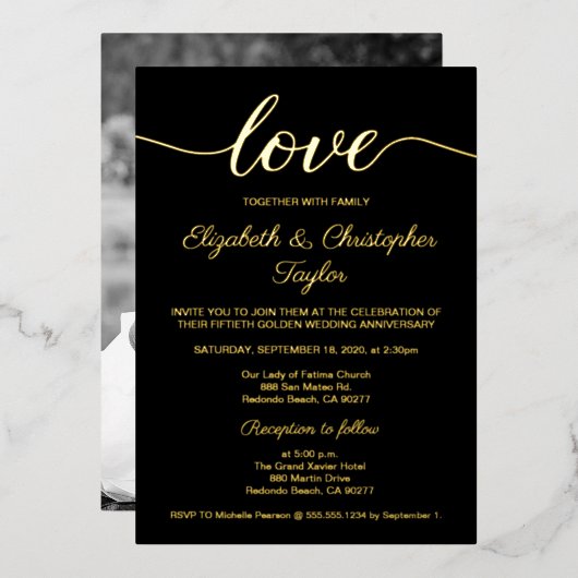 50th Golden's Anniversary結婚ブラックの写真カスタム写真 箔招待状 (正面/裏面)