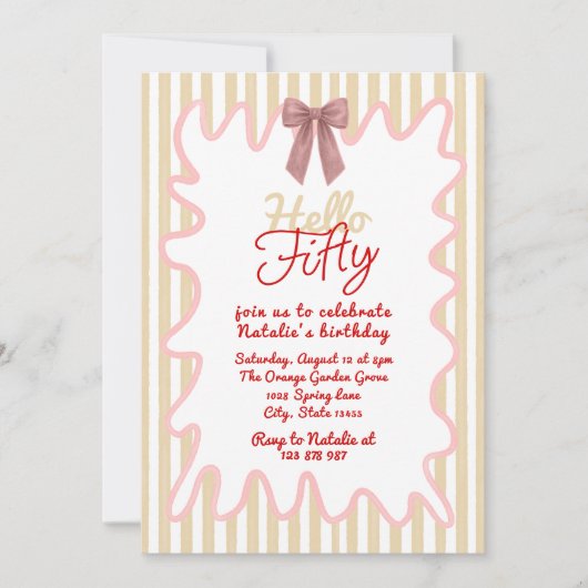 50th Hand 絵を描 Bow Hello Fiftyフォト誕生日 招待状 (正面)