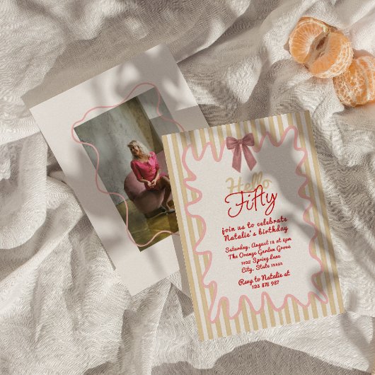 50th Hand 絵を描 Bow Hello Fiftyフォト誕生日 招待状