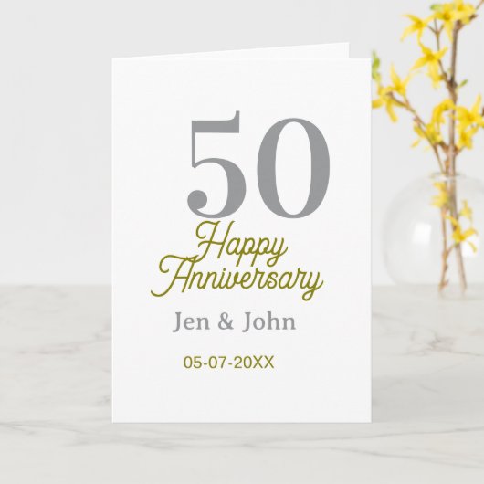 50th happy anniversary name date silver gold date  カード (黄色い花)