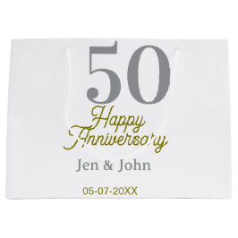 50th happy anniversary name date silver gold date  ラージペーパーバッグ