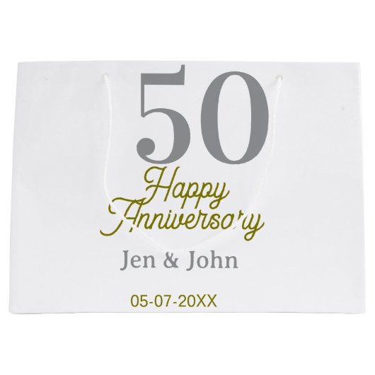 50th happy anniversary name date silver gold date  ラージペーパーバッグ (正面)