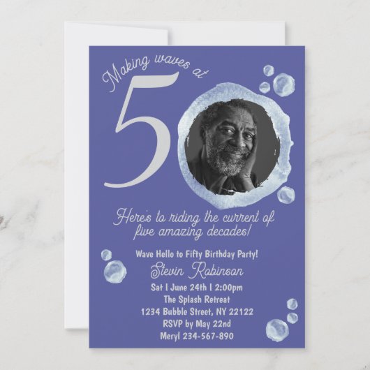 50th Indigo Blue Bubbles Birthday Party Invitation 招待状 (正面)