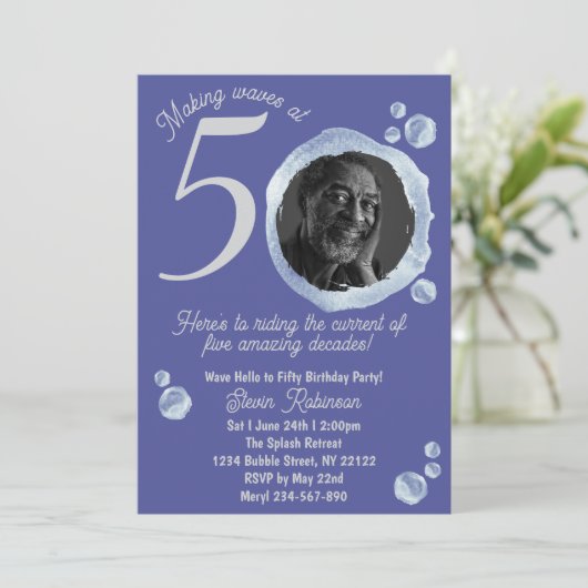50th Indigo Blue Bubbles Birthday Party Invitation 招待状 (スタンド正面)