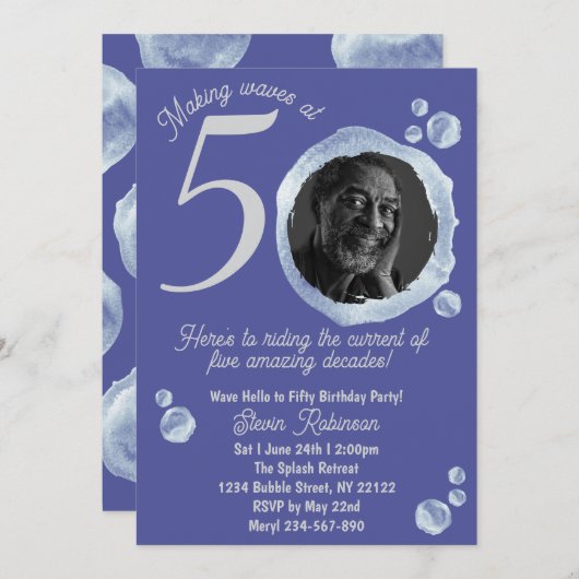 50th Indigo Blue Bubbles Birthday Party Invitation 招待状 (正面/裏面)
