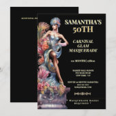 50th Masquerade Birthday Invitation Black Gold 招待状 (正面/裏面)