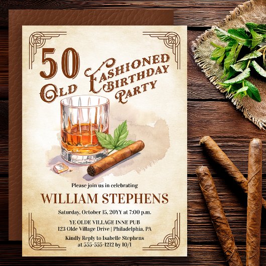 50th Old Fashioned Whiskey Cigar Birthday Party 招待状