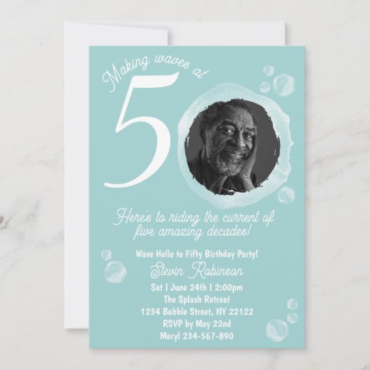 50th Pale Teal Bubble Birthday Party Invitation 招待状 (正面)