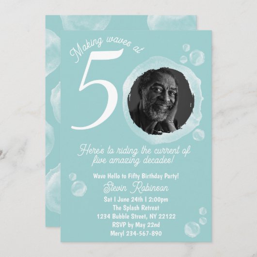 50th Pale Teal Bubble Birthday Party Invitation 招待状 (正面/裏面)