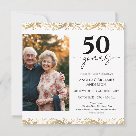 50th Wedding Anniversary Gold Black Photo Invitati 招待状 (正面)