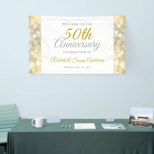 50th Wedding Anniversary Gold Bokeh Welcome 横断幕 (トレードショー)