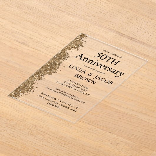 50th Wedding Anniversary Gold Faux Glitter  アクリル招待状 (レイダウン)