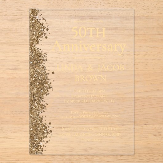 50th Wedding Anniversary Gold Faux Glitter  アクリル招待状 (正面)