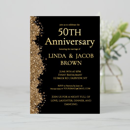 50th Wedding Anniversary Gold Faux Glitter  箔招待状 (立ち正面)