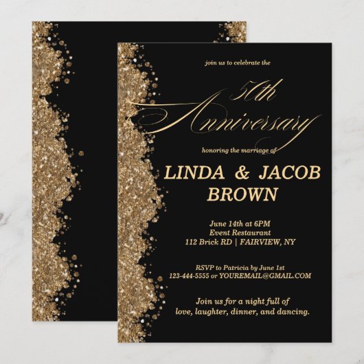 50th Wedding Anniversary Gold Faux Glitter Script 招待状 (正面/裏面)