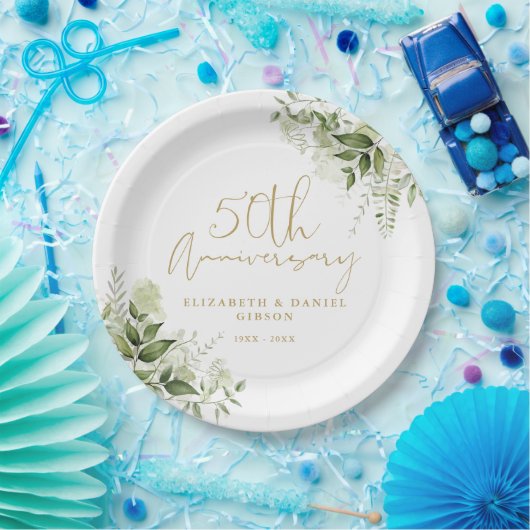 50th Wedding Anniversary Greenery Gold Script ペーパープレート (パーティー)