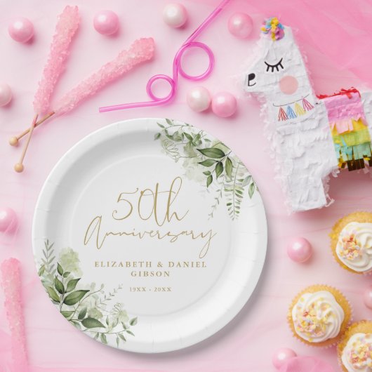 50th Wedding Anniversary Greenery Gold Script ペーパープレート (パーティー)
