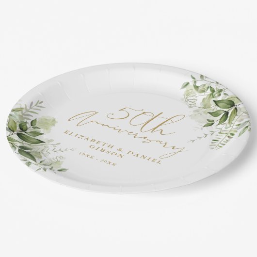 50th Wedding Anniversary Greenery Gold Script ペーパープレート (アングル)