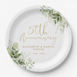 50th Wedding Anniversary Greenery Gold Script ペーパープレート