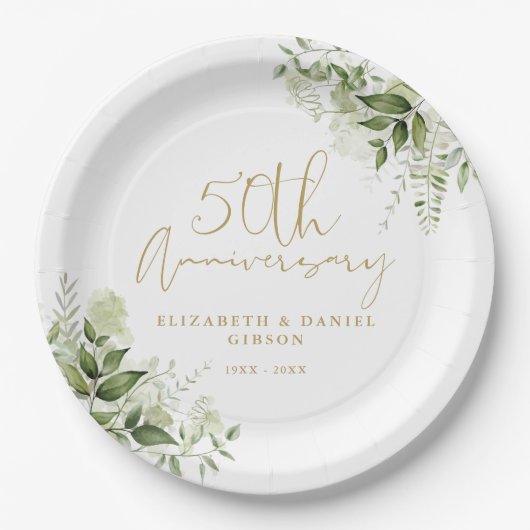 50th Wedding Anniversary Greenery Gold Script ペーパープレート (正面)