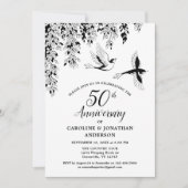 50th Wedding Anniversary Silver Birch Flying Birds 招待状 (正面)