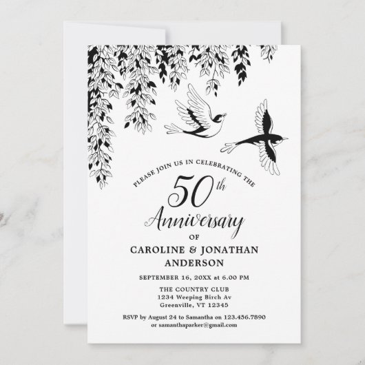 50th Wedding Anniversary Silver Birch Flying Birds 招待状 (正面)