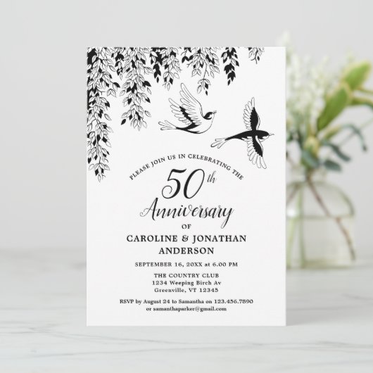 50th Wedding Anniversary Silver Birch Flying Birds 招待状 (スタンド正面)
