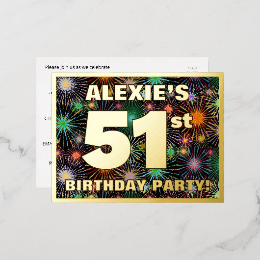 51回目の誕生日パーティはっきりした:, カラフル Fireworks Look 箔招待状ポストカード (正面/裏面)
