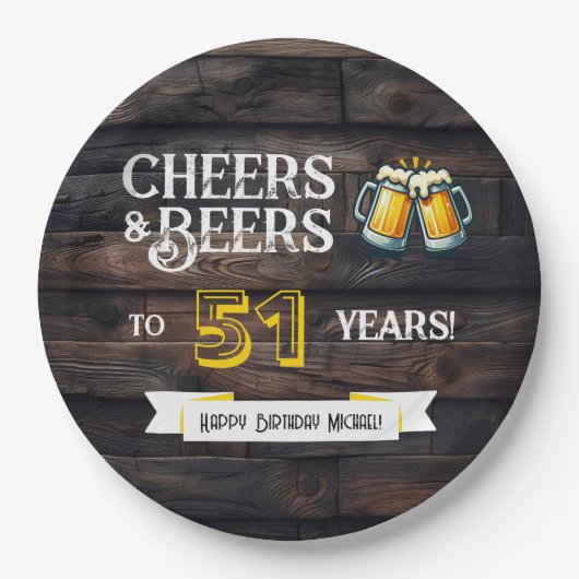 51年分の乾杯とビールを込めたラスティックな誕生日 ペーパープレート (正面)