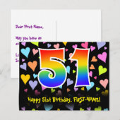 51歳の誕生日おめでとう：楽しいハート柄、虹色51 ポストカード (正面/裏面)