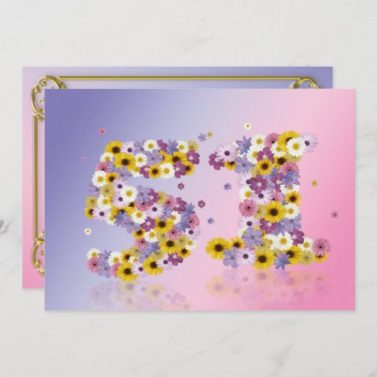 51歳の誕生日パーティー、花の文字 招待状 (正面/裏面)