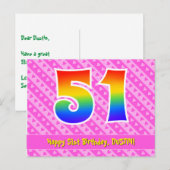 51歳の誕生日：ピンクのストライプとハート、レインボー51 ポストカード (正面/裏面)