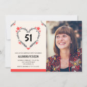 51歳エレガントの誕生日に赤フローラハート 招待状 (正面)