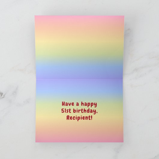 51番目の誕生日カラフル: Rainbow # 51,名前をカスタムする カード (内部)