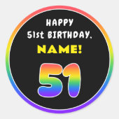 51番目の誕生日カラフル: Rainbow # 51,名前をカスタムする ラウンドシール (正面)