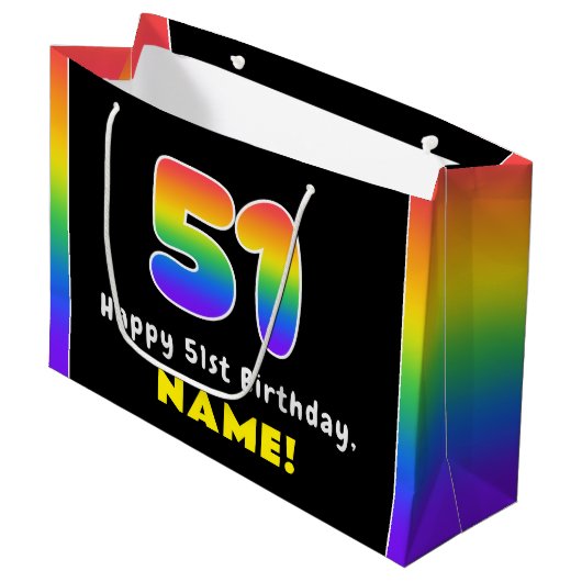 51番目の誕生日カラフル: Rainbow # 51,名前をカスタムする ラージペーパーバッグ (正面アングル)