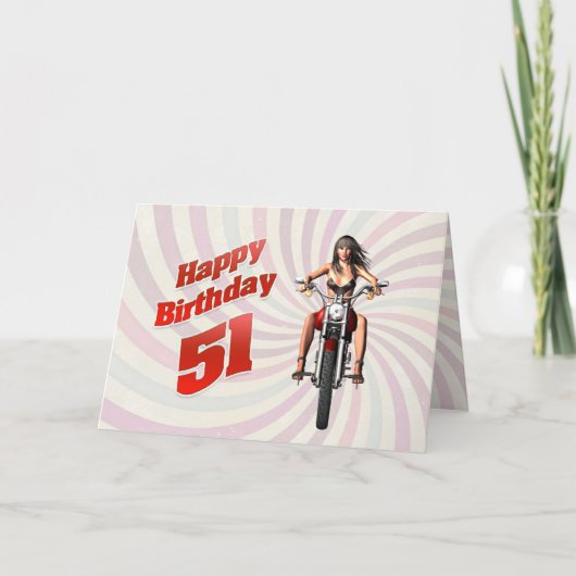 51番目の誕生日カードとバイクの女の子 カード (正面)