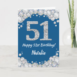51番目の誕生日ブルー&シルバーグリッターカード カード